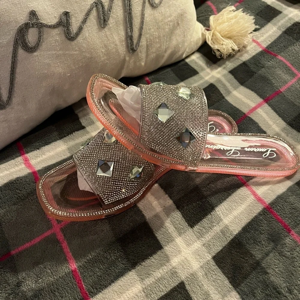 Lauren Lorraine Elegant Pink Rhinestone Slide Sandals​​​ - Picture 4 of 5